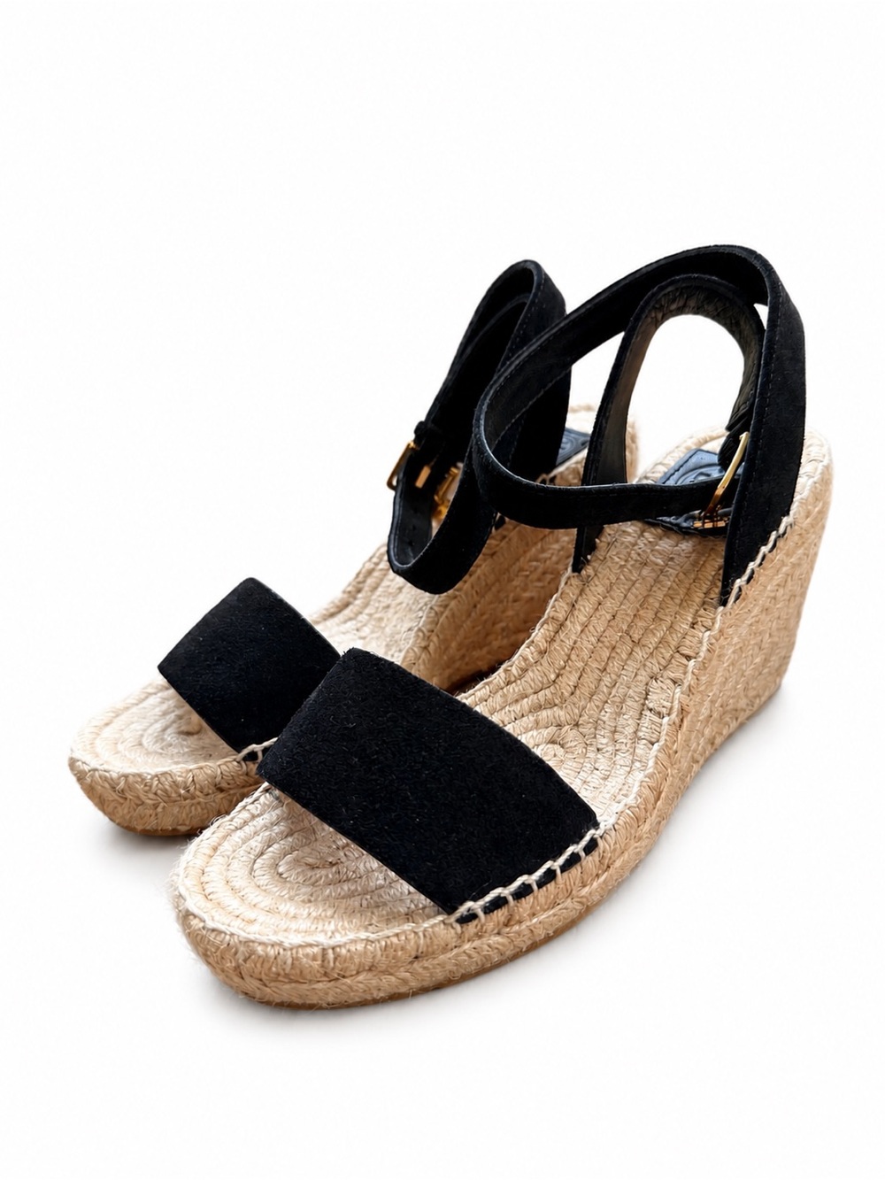 Tory Burch Black Suede Espadrille Wedge Sandals with Ankle Strap